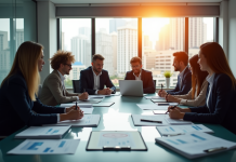 Groupe de professionnels en réunion avec graphiques financiers
