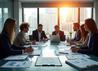 Groupe de professionnels en réunion avec graphiques financiers