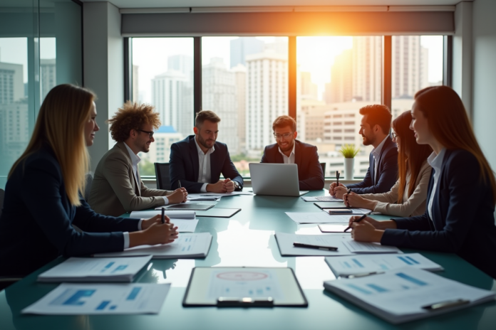 Groupe de professionnels en réunion avec graphiques financiers
