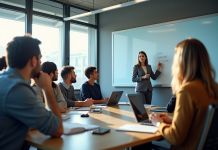 Groupe de professionnels en formation dans une salle moderne