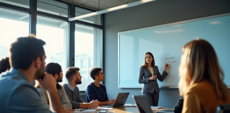 Groupe de professionnels en formation dans une salle moderne