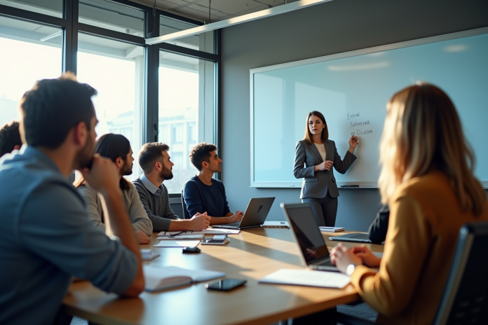 Groupe de professionnels en formation dans une salle moderne