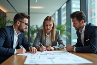 Groupe de professionnels en réunion autour d'une table moderne
