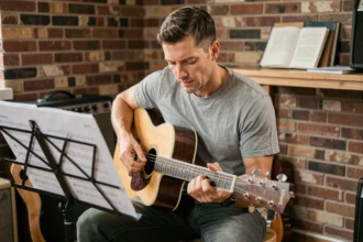 Guitariste adulte étudiant une tablature de Let It Be sur un pupitre dans un studio à domicile avec guitare acoustique