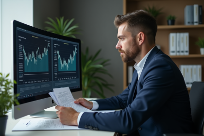 Homme d'affaires en costume bleu analyse un rapport financier