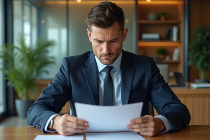 homme-affaires-documents Homme d'affaires en costume bleu examine des documents