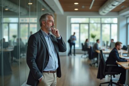 Homme d'affaires réfléchi dans un bureau moderne