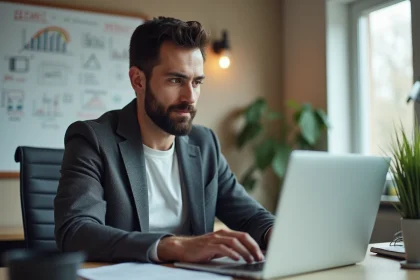 Homme en bureau moderne travaillant sur SEO et AI