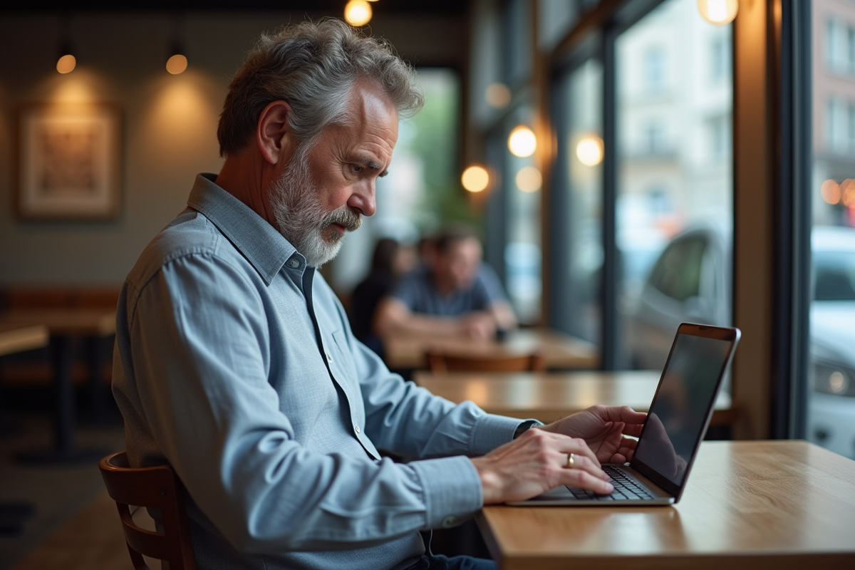 Homme d age moyen compare des formations en ligne au café