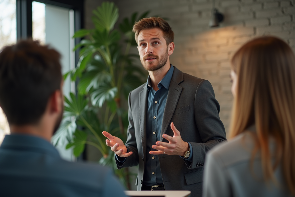 Jeune homme parlant lors d une réunion en coworking