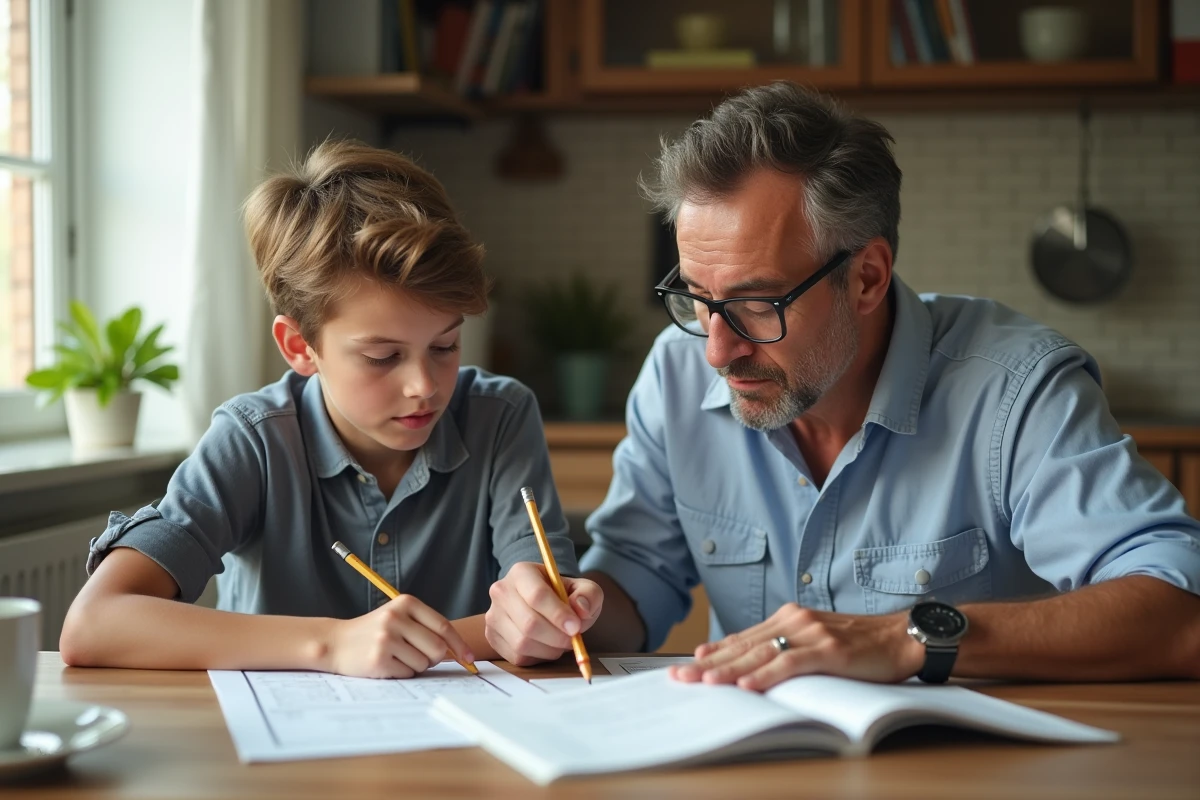 Homme et adolescent révisant la grammaire espagnole à la cuisine