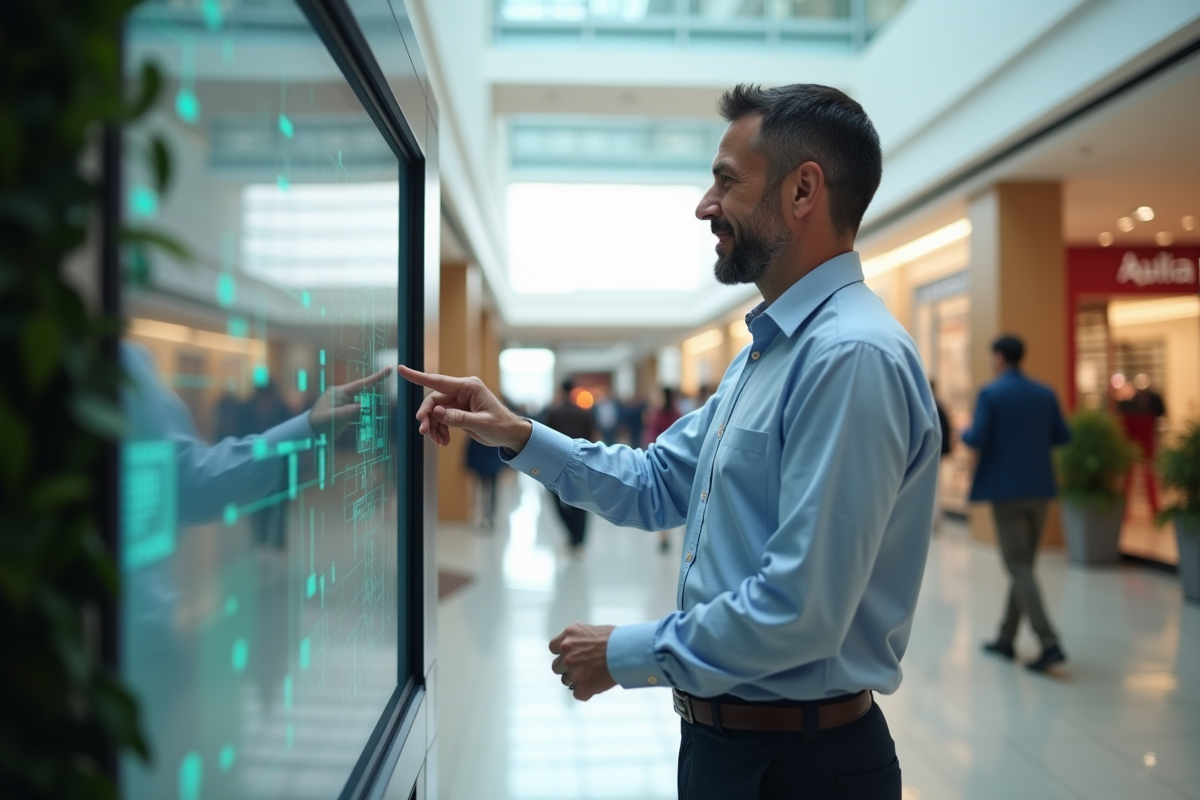 Homme utilisant un kiosque numérique dans un centre commercial