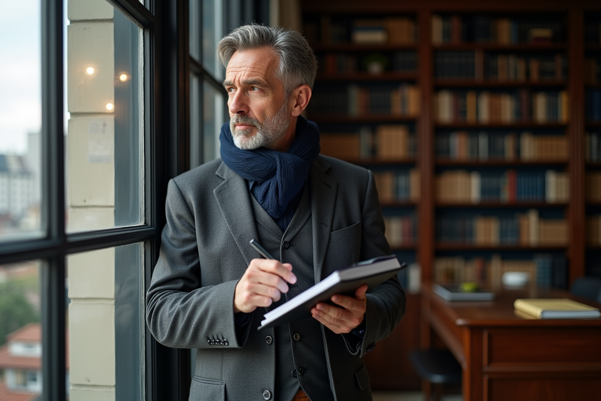 Homme en costume dans une bibliothèque élégante