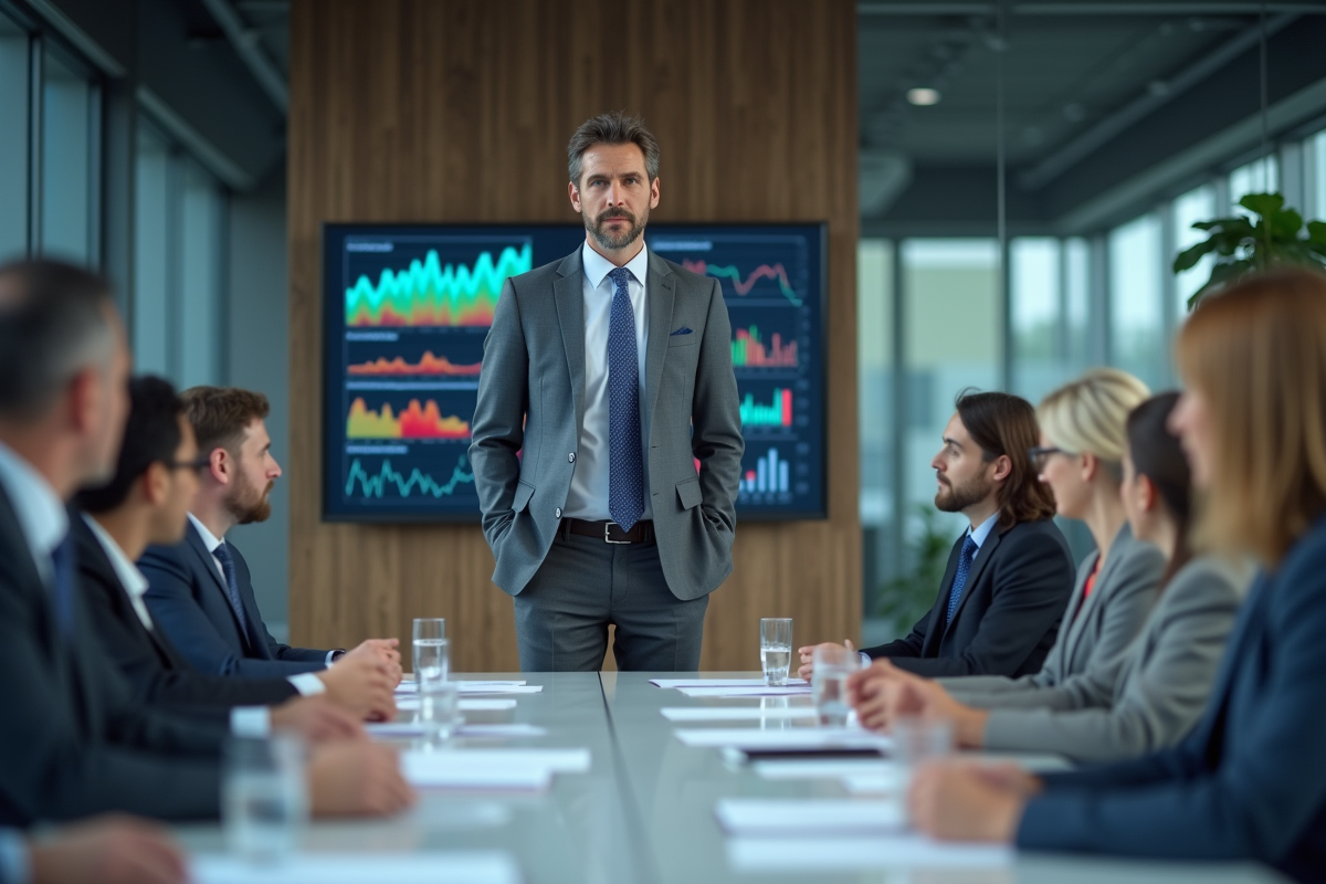 Homme en costume gris présentant des graphiques financiers