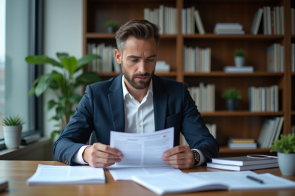 Homme en costume bleu examine des documents de recherche d emploi