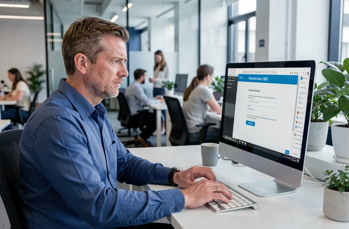 Homme en bureau professionnel tentant de réinitialiser son mot de passe sur un formulaire en ligne