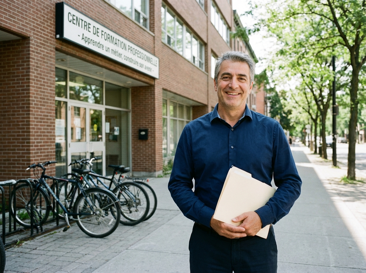 Homme souriant devant un centre de formation