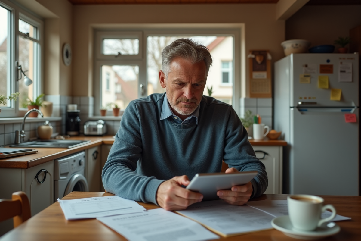 Homme d age moyen utilise une tablette dans la cuisine