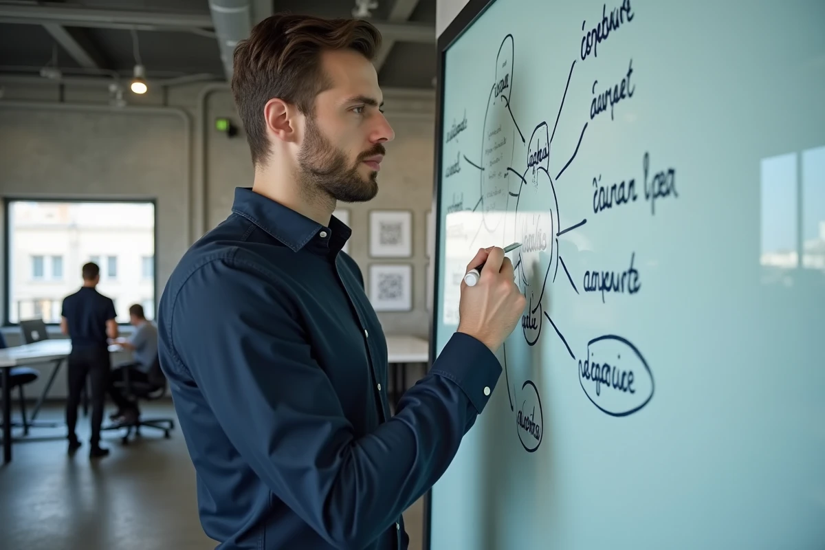 Homme debout devant un tableau blanc traçant une carte mentale avec des connecteurs logiques en français dans un espace de coworking