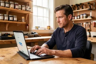 Homme inscrit sur une plateforme de formation bricolage en ligne depuis son atelier à domicile