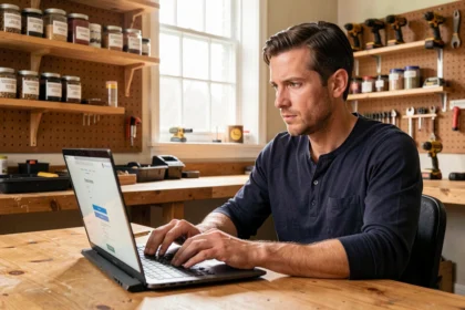 Homme inscrit sur une plateforme de formation bricolage en ligne depuis son atelier à domicile