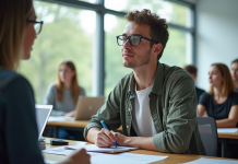 Jeune adulte concentré en salle de cours prenant des notes