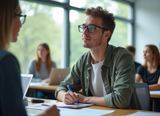 Jeune adulte concentré en salle de cours prenant des notes