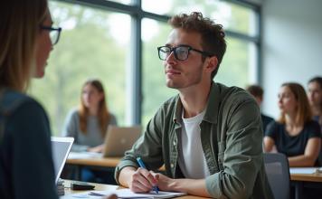 Jeune adulte concentré en salle de cours prenant des notes