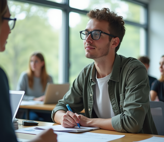 Jeune adulte concentré en salle de cours prenant des notes