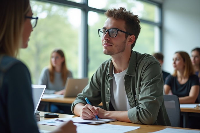Jeune adulte concentré en salle de cours prenant des notes