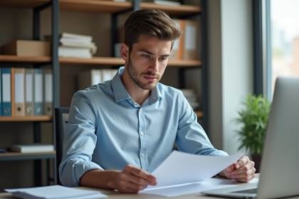 Jeune apprenti au bureau en train de revoir des papiers
