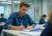 Financement formation en CFA : qui prend en charge les frais ? Jeune apprenti en formation remplissant des papiers financiers