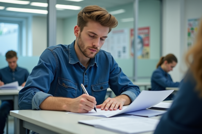 jeune-apprenti-travail-finance Jeune apprenti en formation remplissant des papiers financiers