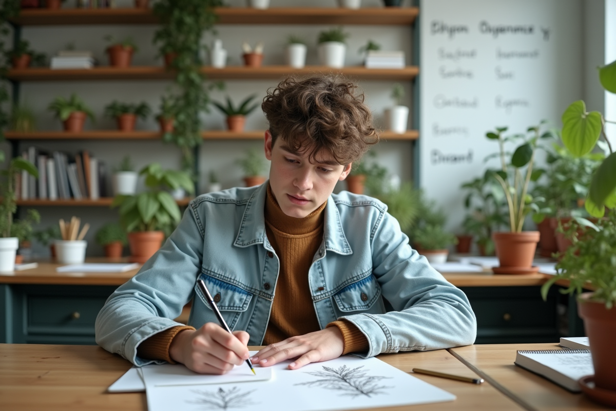 Jeune étudiant en laboratoire dessinant une plante dans un carnet