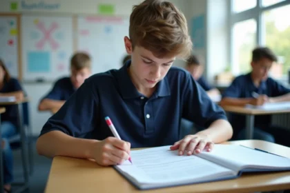 Jeune garçon en polo scolaire regarde ses notes en classe