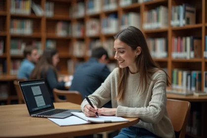Jeune femme à la bibliothèque avec ordinateur et notes