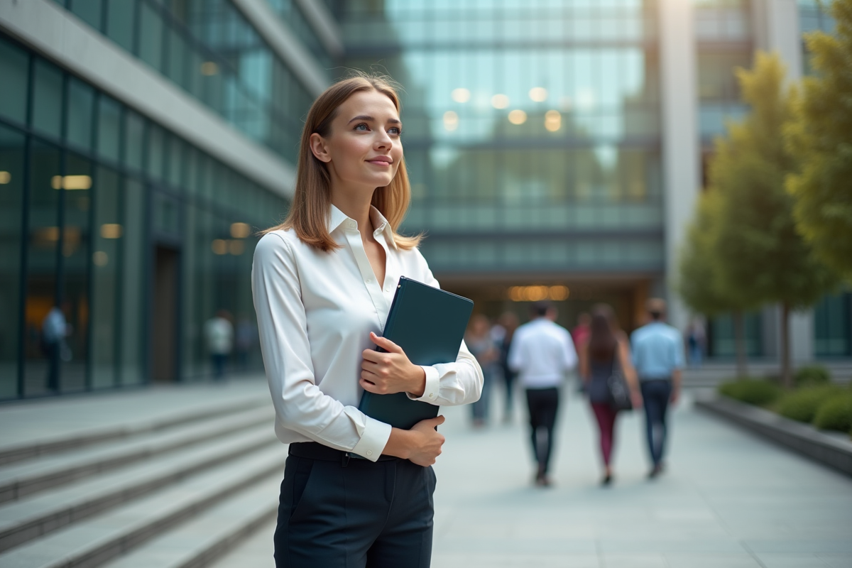 Jeune femme diplômée devant une école de commerce