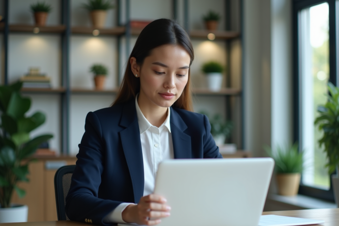 jeune-femme-candidate-emploi Jeune femme en blazer navy consulte son CV au bureau