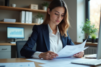 Jeune femme en blouse blanche et blazer bleu au bureau