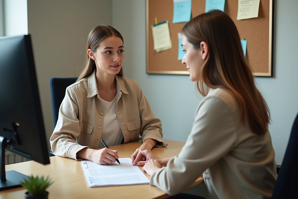 Jeune femme en entretien avec une conseillère Pôle emploi vérifiant la liste des documents requis