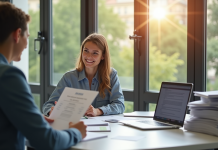 Jeune femme souriante discutant avec un conseiller Pôle Emploi
