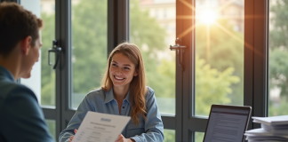 Jeune femme souriante discutant avec un conseiller Pôle Emploi