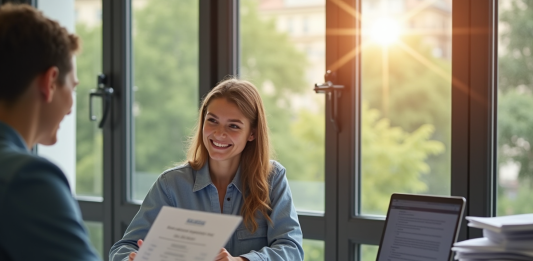 Jeune femme souriante discutant avec un conseiller Pôle Emploi
