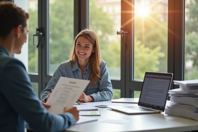 Jeune femme souriante discutant avec un conseiller Pôle Emploi