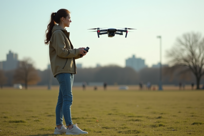 Jeune femme en plein air contrôlant un drone dans un parc urbain