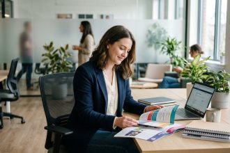 Jeune femme en coworking regardant des brochures éducatives