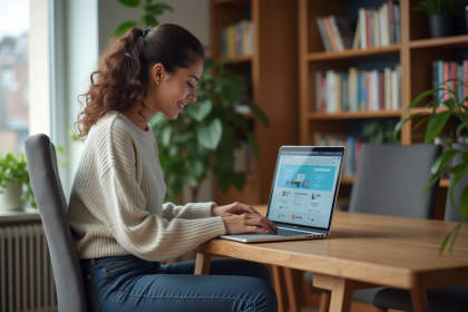 Jeune femme souriante utilisant un ordinateur avec outils d'IA