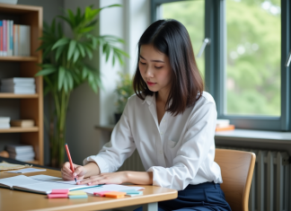Jeune femme en blouse blanche dans un espace d'étude lumineux