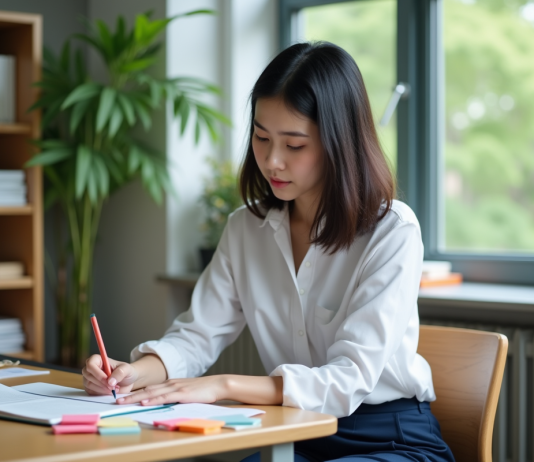 Jeune femme en blouse blanche dans un espace d'étude lumineux