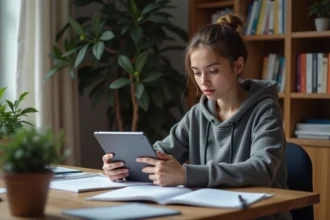 Jeune femme étudie la théorie de la moto à la maison